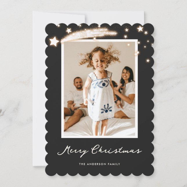 Elegant Black Starry Photo Merry Christmas Card (Front)