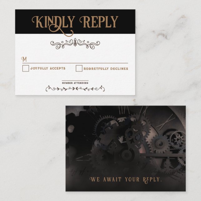 Elegant Black Steampunk RSVP Card (Front/Back)