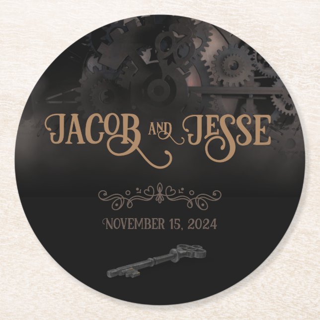 Elegant Black Steampunk Wedding Round Paper Coaster (Front)