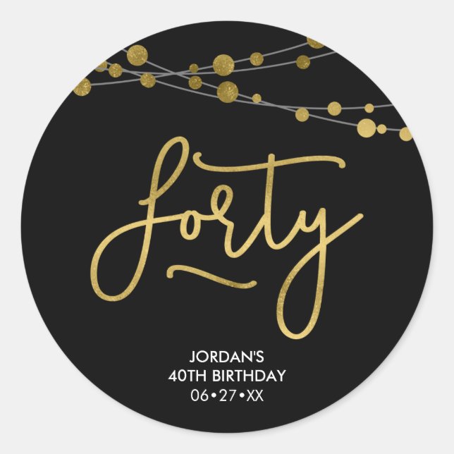 Elegant Black Strings of Lights 40th Birthday Classic Round Sticker (Front)