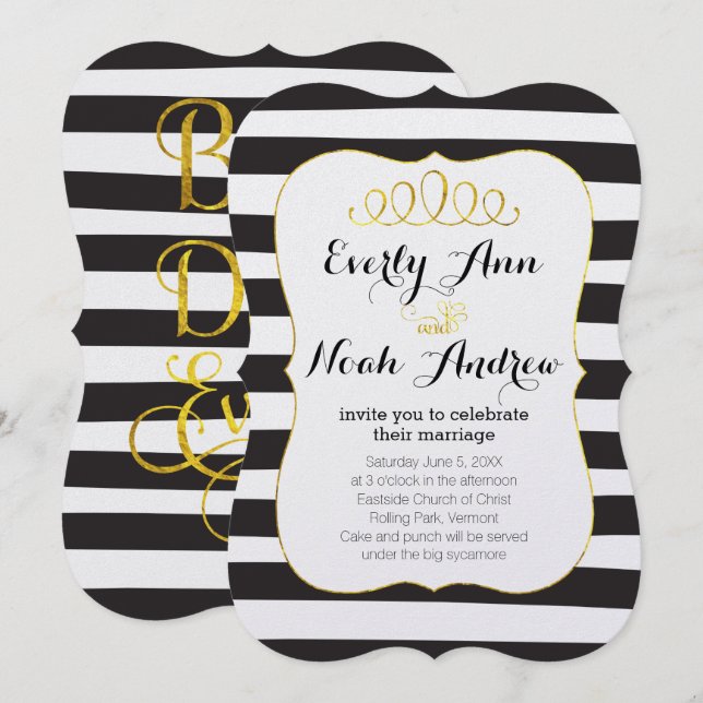 Elegant Black Stripe Faux Gold Elements Wedding Invitation (Front/Back)