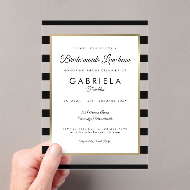Elegant Black Stripe Gold Bridesmaids Luncheon Acrylic Invitations (Insitu (Handheld))