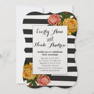 Elegant Black Stripe Heirloom Roses Wedding Invitation