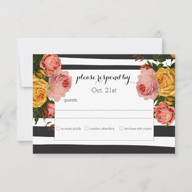 Elegant Black Stripe Heirloom Roses Wedding RSVP (Front)