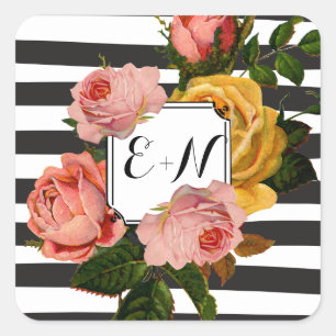 Elegant Black Stripe Heirloom Roses Wedding Square Sticker