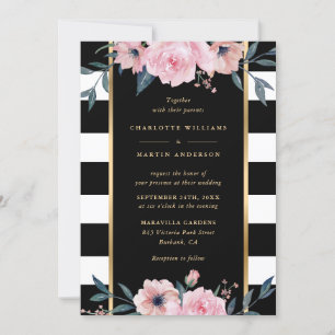 Elegant Black Stripe Pink Floral Wedding Invitation