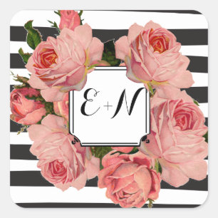 Elegant Black Stripe Pink Heirloom Roses Wedding Square Sticker