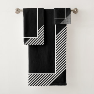 Elegant Black Stripe White Geometrical Bath Towel Set
