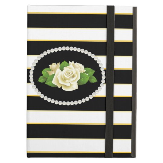 Elegant Black Stripe White Roses Ipad Case