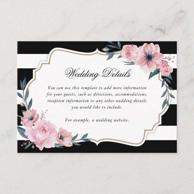 Elegant Black Striped Pink Floral Wedding Details Enclosure Card (Front)