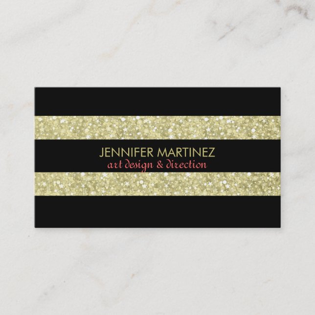 Elegant Black Stripes And Gold Glitter & Sparkles Business Card (Front)