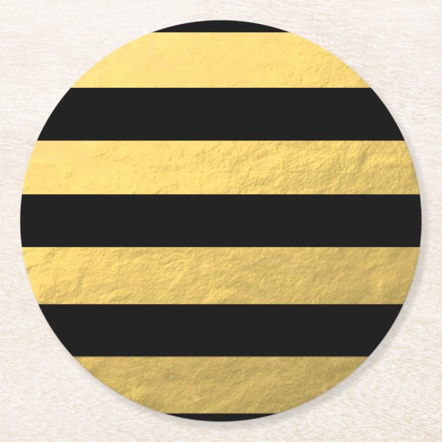 Elegant Black Stripes Gold Foil Printed Round Paper Coaster (Front)