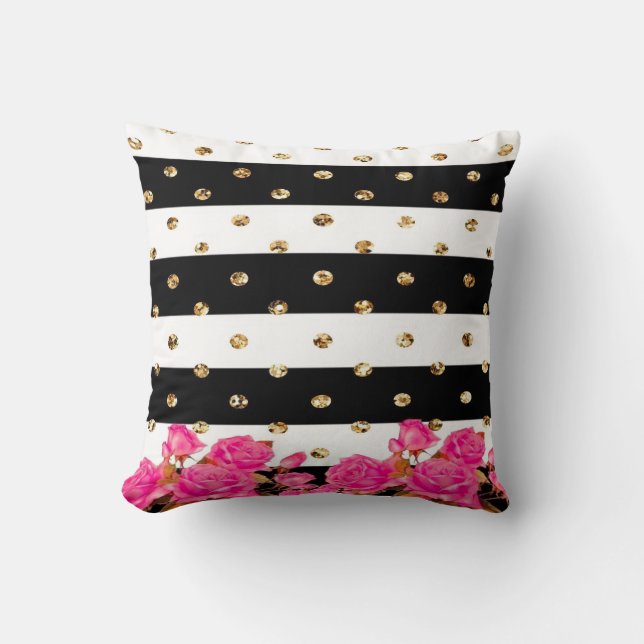Elegant Black Stripes Gold Glitter Dots Pink Roses Cushion (Front)
