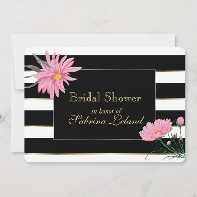 Elegant Black Stripes Pink Floral Bridal Shower Invitation (Front)