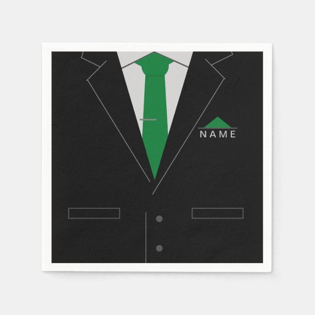 Elegant Black Suit & Green Necktie - Add Your Name Napkin (Front)