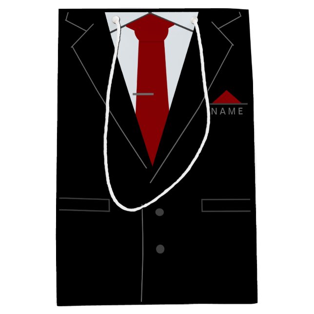 Elegant Black Suit & Red Necktie - Add Your Name Medium Gift Bag (Front)