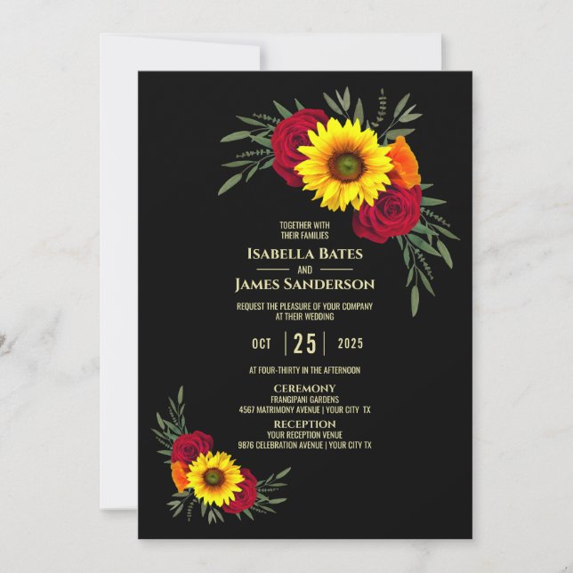 Elegant Black Sunflower Burgundy Rose Wedding Invitation (Front)