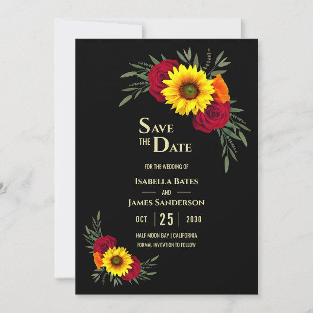 Elegant Black Sunflower Burgundy Rose Wedding Save The Date (Front)