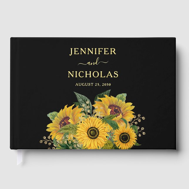 Elegant Black Sunflower Wedding Gold Guest Book (Front)