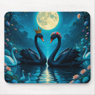 Elegant Black Swans Under Full Moon Mouse Mat