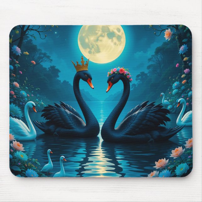 Elegant Black Swans Under Full Moon Mouse Mat (Front)
