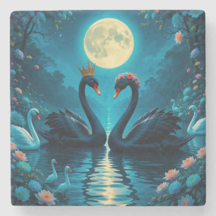 Elegant Black Swans Under Full Moon Stone Coaster