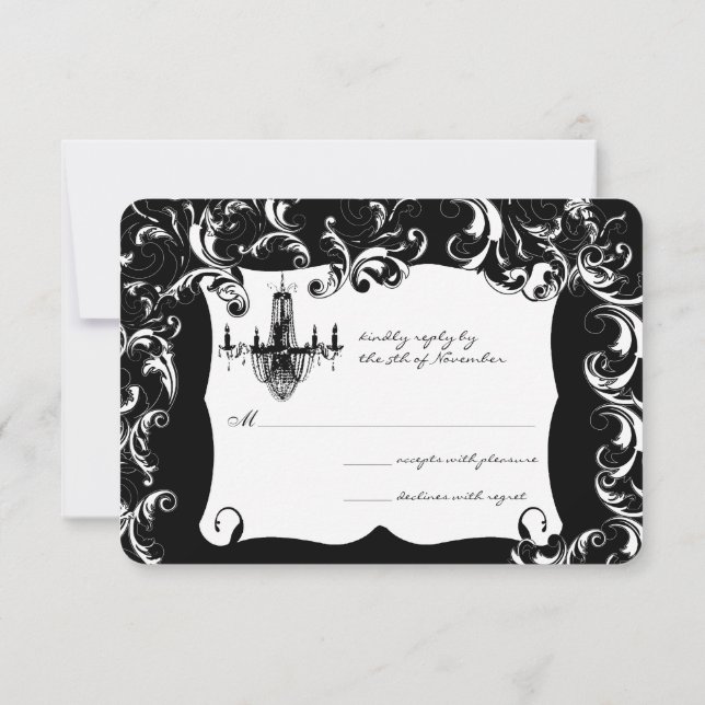 Elegant Black Swirl Chandelier Wedding Response Invitation (Back)