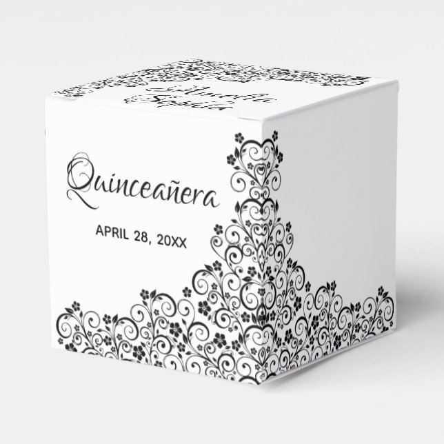 Elegant Black Swirls & Flowers Quinceañera Favour Box (Front Side)