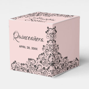 Elegant Black Swirls on Blush Pink Quinceañera Favour Box