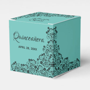 Elegant Black Swirls Turquoise Quinceañera Favour Box