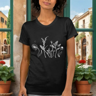 Elegant Black T-Shirt with Delicate Doodle Flowers
