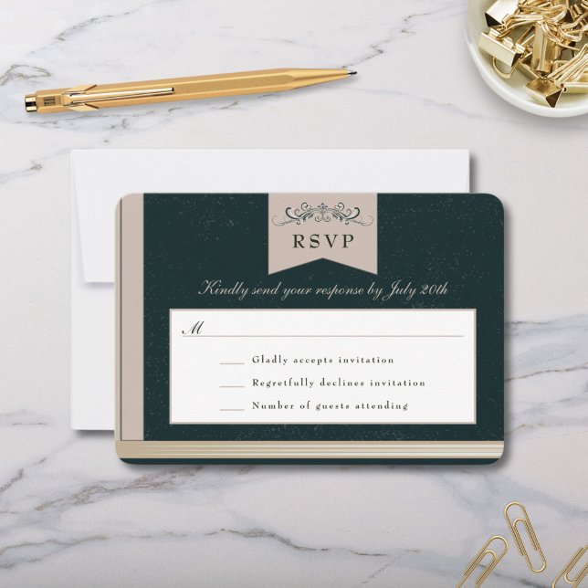 Elegant Black Tan Book Cover Wedding RSVP Card (Elegant Vintage Library Wedding Book Cover RSVP response card in black and tan floral design)
