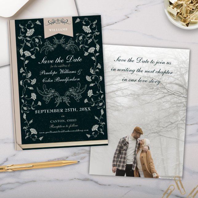 Elegant Black Tan Book Cover Wedding Save the Date Invitation (Vintage black and beige victorian era wedding save the date invitations)