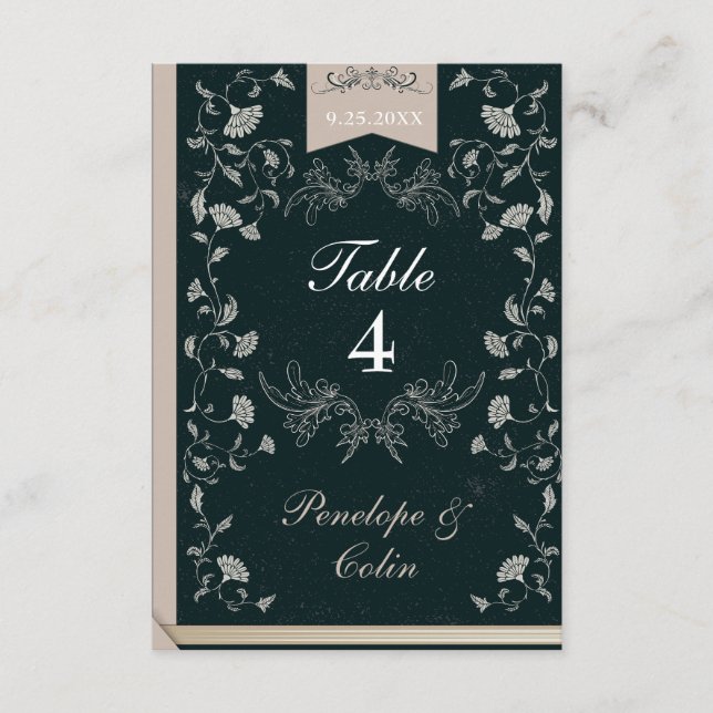Elegant Black Tan Book Cover Wedding Table Number (Front)