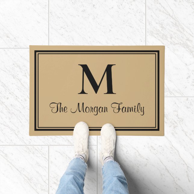 Elegant Black Tan Double Borders Monogram Doormat (Indoor)