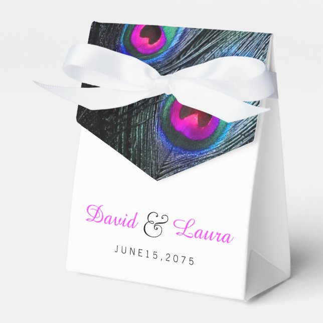 Elegant Black Teal and Hot Pink Peacock Wedding Favour Box (Front Side)