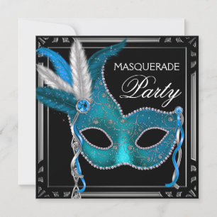 Elegant Black Teal Blue Masquerade Party Invitation