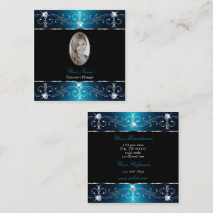 Elegant Black Teal Blue Ornate Ornaments Add Photo Square Business Card