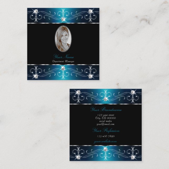 Elegant Black Teal Blue Ornate Ornaments Add Photo Square Business Card (Front/Back)