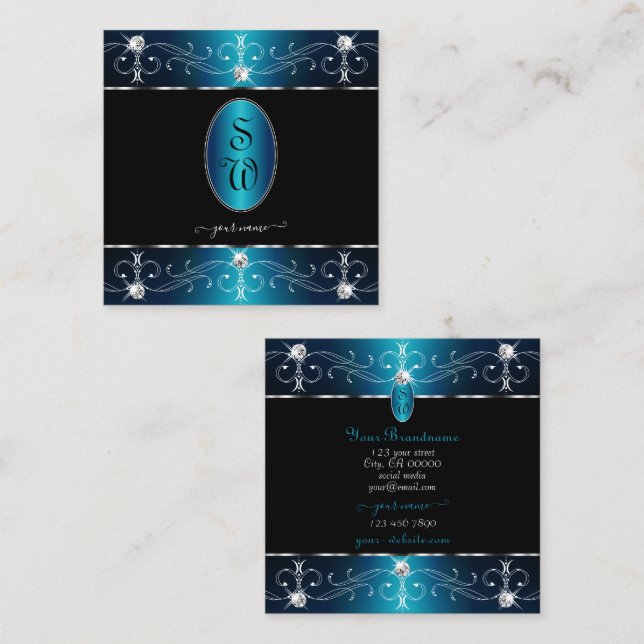 Elegant Black Teal Blue Ornate Ornaments Initials Square Business Card (Front/Back)