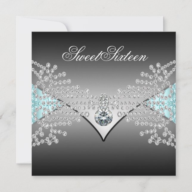 Elegant Black Teal Blue Sweet Sixteen Birthday Invitation (Front)