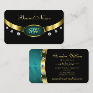 Elegant Black Teal Gold with Monogram and Diamonds Business Card