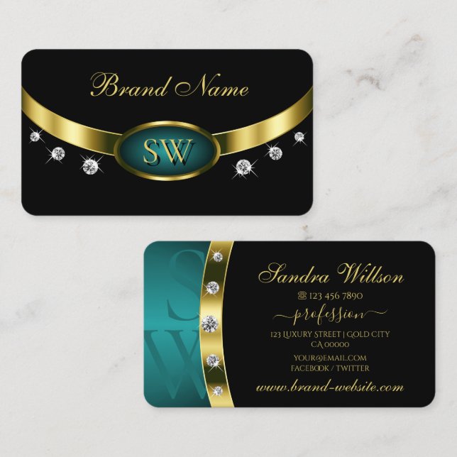 Elegant Black Teal Gold with Monogram and Diamonds Business Card (Front/Back)