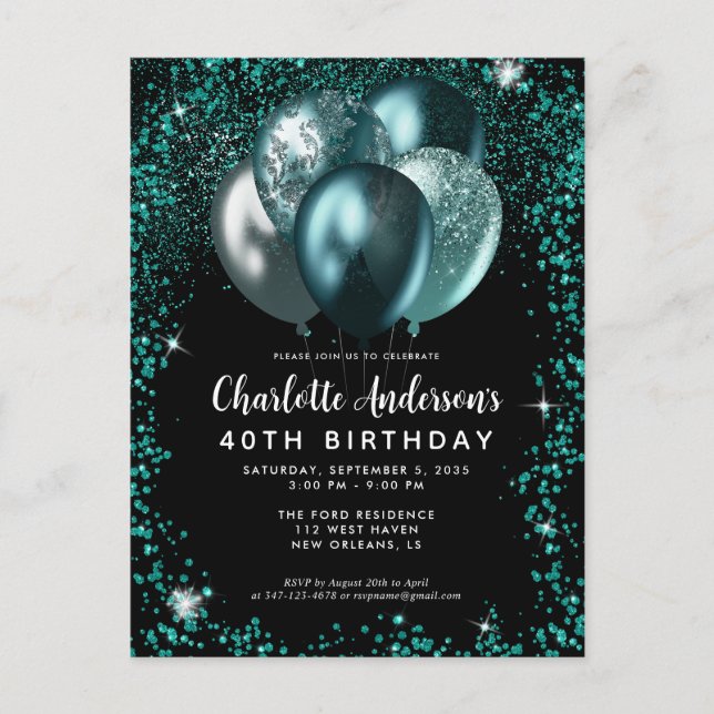 Elegant Black Teal Green Glitter Balloon Birthday Postcard (Front)