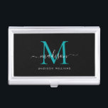 Elegant Black Teal Green Monogram Chic Script Name Business Card Holder<br><div class="desc">Elegant Black Teal Green Monogram Girly Script Name Business Card Case</div>