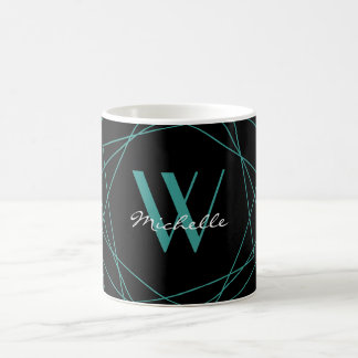 Elegant Black Teal Monogram Geometric Name Script Coffee Mug