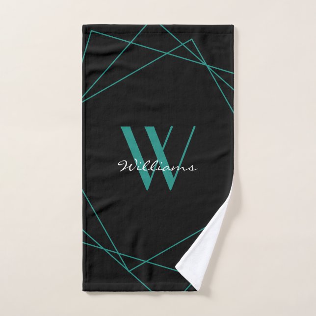 Elegant Black Teal Monogram Geometric Name Script Hand Towel (Hand Towel)