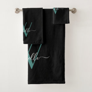 Elegant Black Teal Monogram Name Script Bath Towel