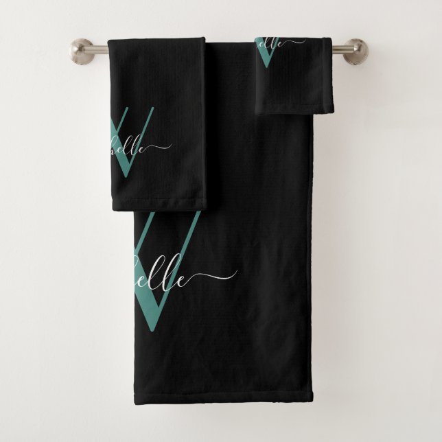 Elegant Black Teal Monogram Name Script Bath Towel (Insitu)