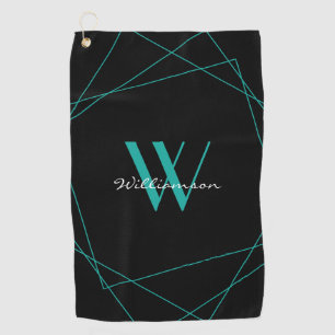 Elegant Black Teal Monogram Name Script Golf Towel